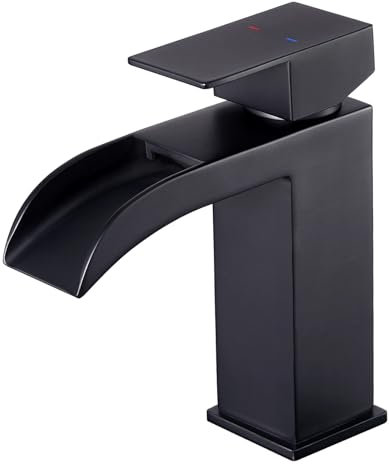 Faustina Waschtischarmatur Bad für Waschbecken Wasserfall eckig mit Pop-Up Ablaufgarnitur, Einhebelmischer Armatur Wasserhahn für Badezimmer, Waschbeckenarmatur Badarmatur, Edstahl Schwarz matt