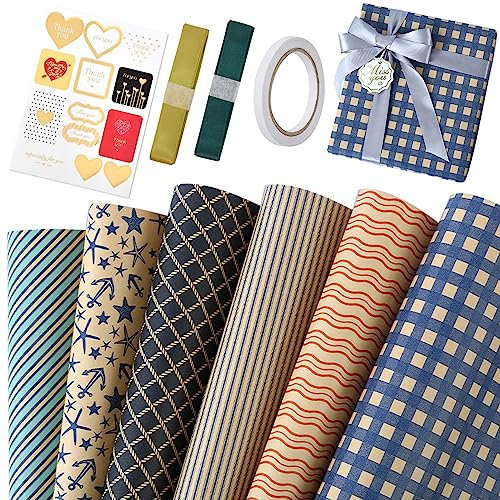 6 Papel de Regalo Rollo Grande 50×70cm Papel Envolver Regalo Wrapping Paper Rollo Papel Regalo Cumpleaños Papel Embalaje Papel Kraft Rollo Papel Craft Papel Embalar