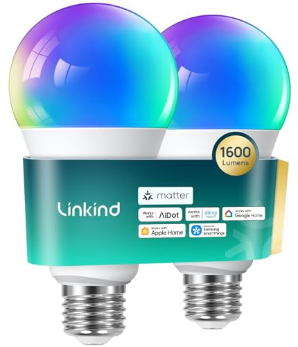 Linkind Matter Smart Light Bulb,1600LM 100W Smart Bulbs Work with Alexa/Apple Home/Google Home/SmartThings, RGBTW LED Color Changing Bulbs Music Sync, 2.4GHz Wi-Fi Light Bulbs LED 11W, A21 E26, 2Pack