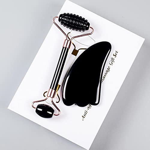 Raumdekoration Schwarzer Obsidian-Werkzeug, Gesichtsroller, Gua-Sha-Werkzeug-Sets, Naturstein-Kristall-, Massage, 2-teiliges Set