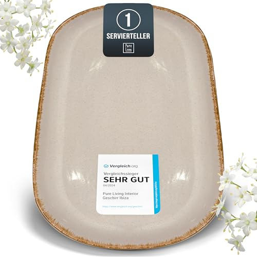 Steingut Servier Teller Groß Rustic TESTSIEGER, Hochwertige Landhausstil Steingut Servierplatte, Serving Plate Oval, Servierteller Groß - Pure Living in Beige
