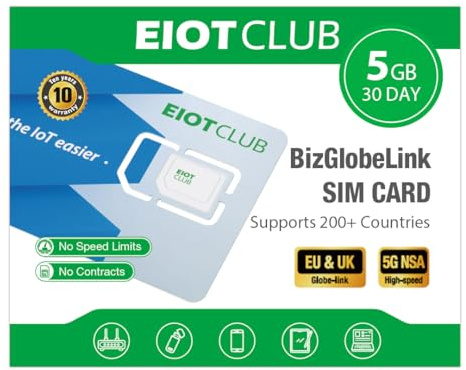 EIOTCLUB Global Data Only SIM 5GB 30 Days, 200 Countries, Multi-Network | UK(Vodafone/Three/O2), Europe & USA | 5G/4G Prepaid SIM for Router, Tablet, Hotspot | Pay As You Go, No Calls, No Contract