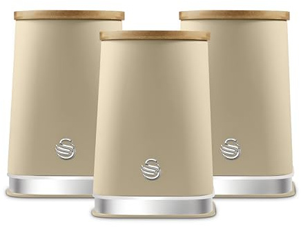Swan Nordic SWKA18524OAT - Juego de 3 botes de almacenamiento de cocina para té, café y azúcar con bases antideslizantes, cuerpo de hierro duradero con acabado mate suave al tacto y adornos cromados