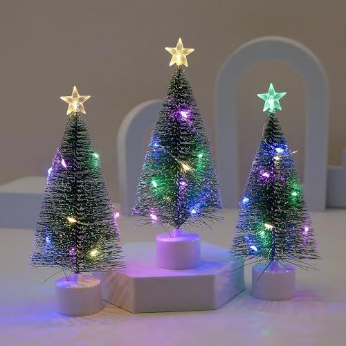 Mini Künstlicher Weihnachtsbaum mit LED Lichterketten Weihnachtsdeko Tisch Tannenbaum Klein Miniatur Christmas Tree mit Beleuchtung Tabletop Christbaum Weihnachtsbäume Weihnachten Tischdeko (3 Stück)