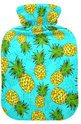Wärmflasche mit Bezug, tropische Ananas, 1 l, auslaufsicher, Wärmbeutel für Handfußwärmer, Nacken, Schulter, Rücken, Muskelschmerzen, Kältekompresse