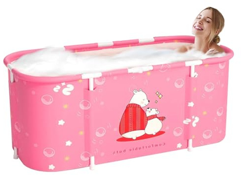 Sinbide Baignoire Pliable Adulte, Grand Antidérapant Baignoires Portable Mobile pour Douche, Pliante SPA Baignoire pour Petite Salle de Bain, Trempage Autoportante Baignoire, 115x60x55cm (Rose)