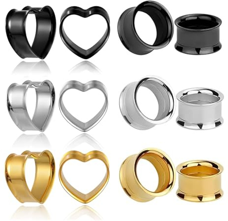 GUSXPPD 6 Paar Edelstahl Ohr Tunnel Set, Stahl Flesh Tunnel, Edelstahl Flesh Tunnel Set mit Schraubverschluss, Flesh Tunnel aus Edelstahl, Double Flared Plug Herz Edelstahl für Frauen Männer