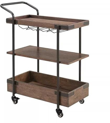 Barwagen im Vintage-Stil, 3 Etagen, mit Rollen, Vintage-Stil, braunes Holz, Metall, Mehrzweck-Servierwagen für Zuhause, Küche/Weinaufbewahrung