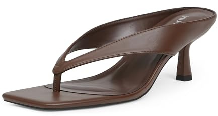 VIUGJNEX Women’s Kitten Heels Flip Flops Slip On Open Toe Low Heels Thong Square Slide Summer Fashion Party Dress Heeled Sandals for Women, Brown, 4 UK
