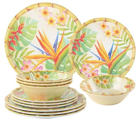 UP ware - Juego de vajilla de melamina de 12 piezas, incluye platos llanos, platos de ensalada, cuencos, servicio para 4 personas (Bird of Paradise)