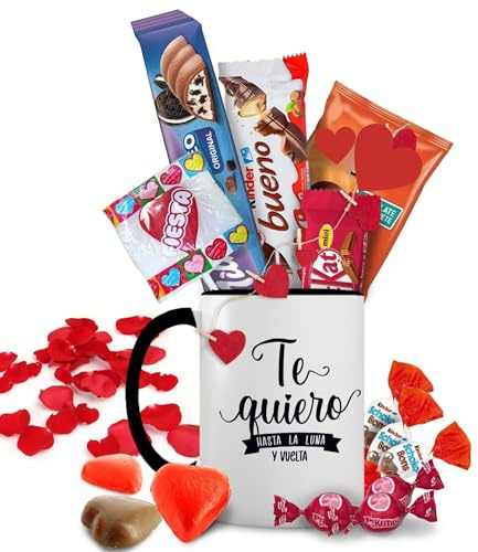 IAMI Taza Regalo Te Quiero hasta la Luna con 15 Chocolates y Chuches | Barritas de avellana y obleas crujientes | Bombones de corazón, cereza y piruleta de fresa | San Valentín
