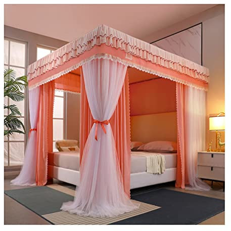 RDWQDGJG 8M/6Ft Betthimmel Moskitonetz für Doppelbett, Prinzessinnenzimmer Romantische Schlafzimmerdekoration 4 Eckpfosten Bettvorhänge (Grün A) (Grün B)/Orange/180 * 200 * 200 cm