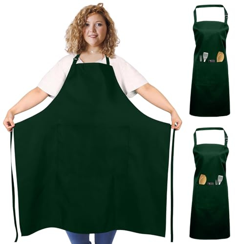 FUKPO 2 Stück Übergröße Kochschürze Damen Herren, Verstellbar Unisex Küchenschürze Grillschürze Männer Mann Frauen, Professionelle Schürze Kochen Grillen Künstler Friseur mit 2 Taschen