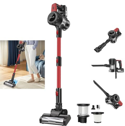 VickyHome Akku Staubsauger, 140W/65Mins/15KPA Staubsauger Kabellos mit 3000mAh Wiederaufladbarer Akku, 2 Saugmodi, LED Arbeitsscheinwerfer Selbststehender Akkusauger für Teppich, Hartboden