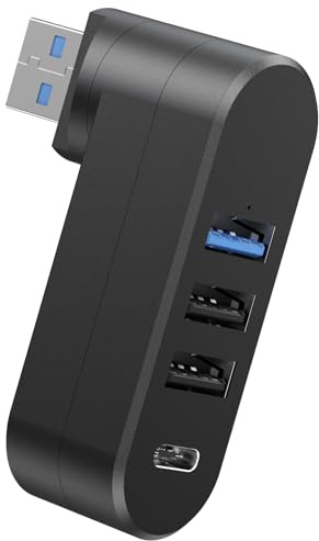 4 Port USB Splitter for Car, Rotatable 90°/180° Extender with 3 USB Ports and 1 USB C Power Expansion Hub for Laptop Keyboard Car and Mobile Phone Multiport Adapter Black