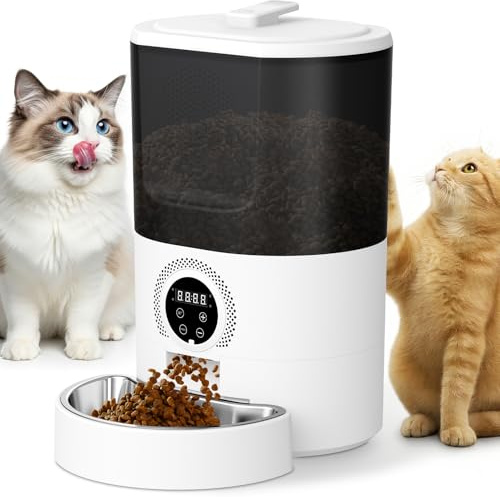 Distributore Automatico Cibo Gatti, 5L Distributore Cibo Gatti con Ciotola in Acciaio Inox 1-5 Pasti al Giorno al Giorno Timer Programmabile Distributore Cibo per Cani/Gatt
