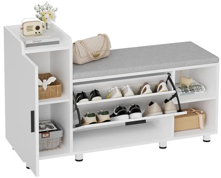 BonVache Shoe Storage Bench with Cushion, White Shoe Bench 105cm Lounge with 2 Shelves and 4 Compartments, Hallway Storage Unit with Seat, Living Room