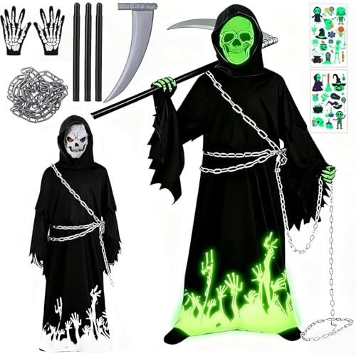 Ligtmor Costume Halloween Bambini, Costume Mietitore Bambino Luminoso Costume da Tristo Mietitore con Falci, Catena, Falce,Spaventoso Costume Halloween per Ragazzi e Ragazze 4-12 Anni (XL)
