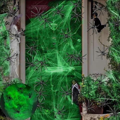 HIGA-JKL Halloween Dekoration Spinnennetz 60G Leuchtendes Spinnennetz+30 Stück Spinnen Dehnbares Leuchtendes künstliches Spinnennetz Garten Horror Halloween Dekoartikel