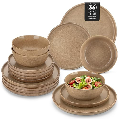 vancasso Série ANYA Service de Table Complet 36 Pièces pour 12 Personnes, Vaisselle en Grès - 12 Assiettes Plates, 12 Assiettes à Dessert et 12 Bols - Adapté au Micro-Ondes, Glaçure Caramel