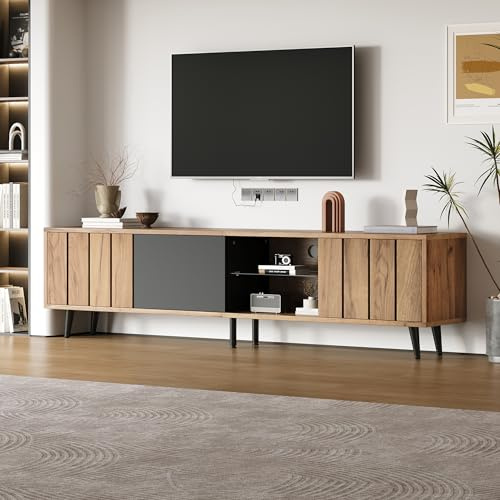 BTM Fernsehschrank 175x31.5cm mit 3 Schränken & Glas-Ebenen Lowboard für 75-Zoll-TV Naturholz-Schwarz Design 30kg Tragkraft