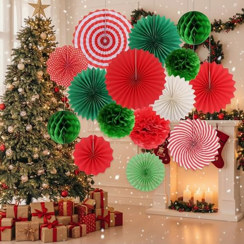 Paper Christmas Decorations Christmas Ceiling Decorations Indoor Xmas Hanging Decoration Paper Snowflakes Honeycomb Decoration, Papers Fan, Papers Flower Pom Poms for Home Wall Decor,15PCS