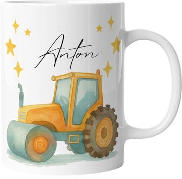 Tasse mit Namen | Traktor Trekker | Personalisierte Kindertasse mit Fahrzeugen | Keramik für Kinder, Jungen & Mädchen – Geschenk, Kinderbecher, Namenstasse Aquarell wasserfarben