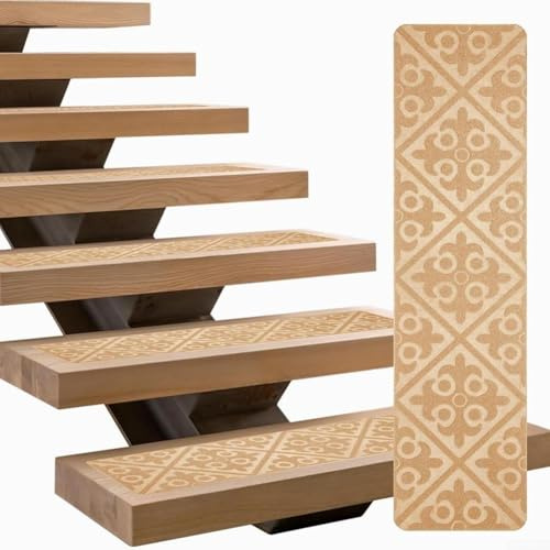 Honseadek Confezione da 4 tappetini antiscivolo per scale con base in morbido poliestere e TPR, lavabili in lavatrice e riutilizzabili, per interni, personalizzati (beige)