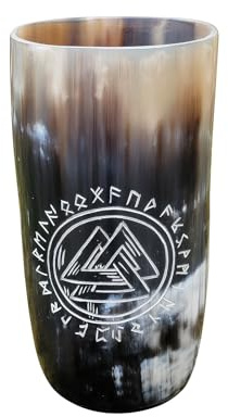 Frera Hornbecher Set, Handgefertigte Trinkbecher aus Horn, 200ml, mit Nordischer Gravur - Rabe, Irminsul, Thor Hammer, Valknut, Wolf, Yggdrasil, Wegweiser Motive (Valknut)