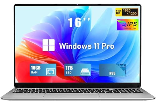 FUNYET Nouveau Ordinateur Portable 16 Pouces Win 11 Pro 16Go RAM 1To SSD PC Portable Celeron N95 Jusqu'à 3.4 GHz 6000mAh Battery Laptop 1920×1200 USB 3.0 BT 5.0 WiFi 5 HDMI Clavier Rétroéclairé