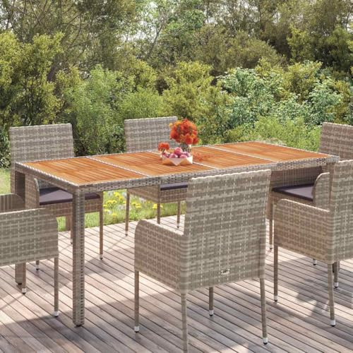 Hoopleep Gartentisch mit Holzplatte, Grau, 190x90x75 cm, Poly Rattan, robuster Esstisch für Outdoor, Terrasse, pflegeleicht, wasserfest, für Erwachsene