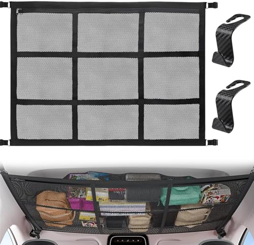 COEWUR Rete Portaoggetti da Soffitto Per Auto 90 x 65 cm Rete bagagli auto a doppio strato Rete per bagagli Organizzatore Da Soffitto con 2 ganci per SUV Jeep camion