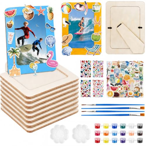 Xecamuvila 8er Set DIY Bilderrahmen Holz zum Basteln – Kreative Holzrahmen zum Bemalen und Dekorieren mit Glitzersteinen & Stickern, 6 Zoll Bilderrahmen Set für Kinder und Erwachsene