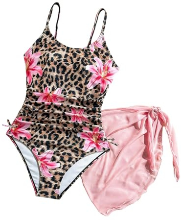 Ensembles Bikini Fille 2 Pieces Imprimé Léopard Fleuri Haut Tankini à Bretelles Jupe Culotte à Volants Taille Haute Bikini-Set pour Enfants 7-12 Ans Élastique pour Vacances à la Plage