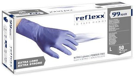 Reflexx R99, Guanti Hi-Risk in Nitrile senza Polvere Gr. 8.9, 50 Pezzi, Blu, L