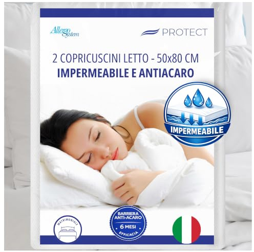 Allergosystem 2pz. Federa Copricuscino Antiacaro Impermeabile 50x80cm - Federe Cuscino Letto Matrimoniale Anallergico MADE IN ITALY - Linea Protect