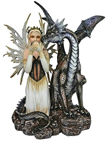 Drachenfee Dragica hält Glaskugel mit schwarzem Drachen Figur Fee Elfe Fairy