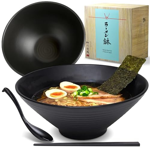 APEX S.K. 2 Sets (6 Piece) 57 Ounce Large Japanese Ramen Noodle Soup Bowl Melamine Hard Plastic Dishware Ramen Bowls Set with Matching Spoon and Chopsticks for Udon Soba Pho Asian Noodles