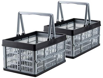 Grizzly kleine Klappbox faltbar mit Henkel, 2er Set, grau, je 16 L, Faltbox nutzbar als klappbarer Einkaufskorb und Kofferraum Organizer