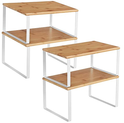 SONGMICS Cabinet Organizer Shelf, Set of 4 Kitchen Counter Shelves, Kitchen Storage, Spice Rack, Stackable, Expandable, Metal and Engineered Wood, Cloud White and Natural Beige UKCS010N01