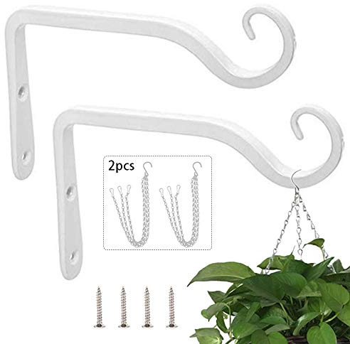 Lifreer 2Pack White Wall Hanging Hooks with 2PCS Hanging Chains | Zinc Alloy Hanging Basket Bracket for Plants, Lanterns, Bird Feeders