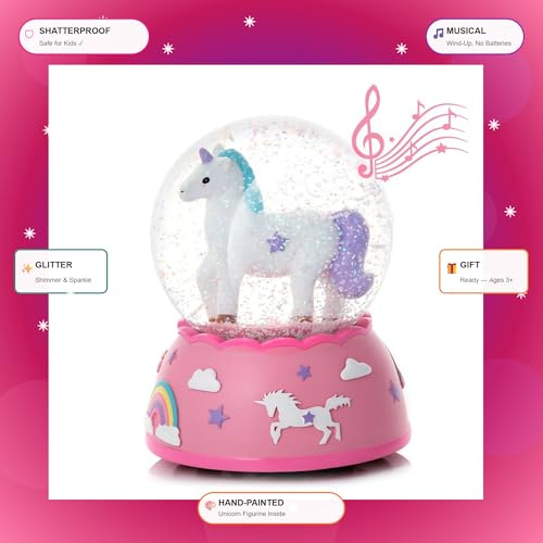 Bruchsichere Einhorn-Schneekugel mit Musik - Einhorn-Geschenke für Mädchen | unzerbrechliche Schneekugeln für Kinder - Schneekugel | Enkelin Geschenke | Kunststoff-Schneekugel | Weihnachtsschneekugeln