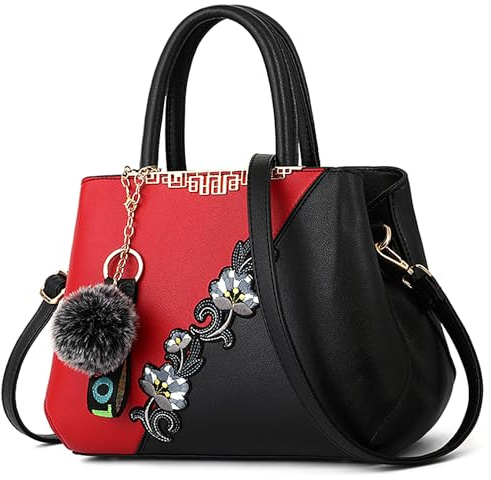 VARLIVOO Handtasche Damen Mittelgroß Elegant Taschen mit Blumenstickerei Leader PU Henkeltasche Frauen Schultertasche Shopper Mit Plüschanhänger fur Reisen Büro Einkauf Rote A