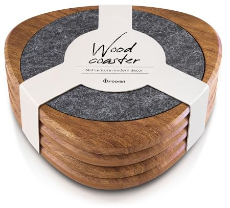 Roonin Mid Century Modern Decor Coasters Set of 4 - Absorbent Coaster - Felt Coaster MCM Decor - Midcentury Modern Wooden Coasters for Drink