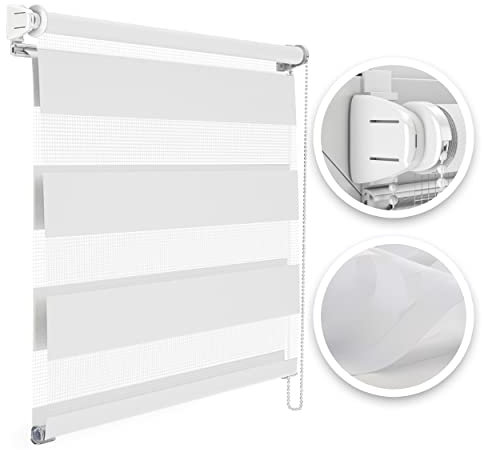 Estika Doppelrollo Montage ohne Bohren - Stoffbreite: 125 cm, Höhe: 150 cm, Farbe: Weiß - Tag und Nacht Duo Rollo