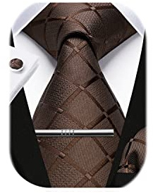 HISDERN Herren Hochzeit Krawatten und Einstecktuch Krawatte Plaid Manschettenknöpfe-Krawattenklammer-Set
