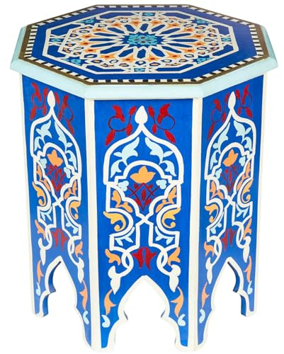 Orientalischer Blumenhocker Gargar Beistelltisch aus Holz, Blau 40 cm