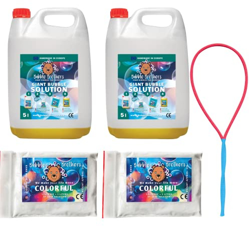 ubble Brothers Burbujas de jabón, 5 l líquido de Burbujas Gigantes y Varillas (2 x 5 litros + 2 Polvos + 1 Varilla)