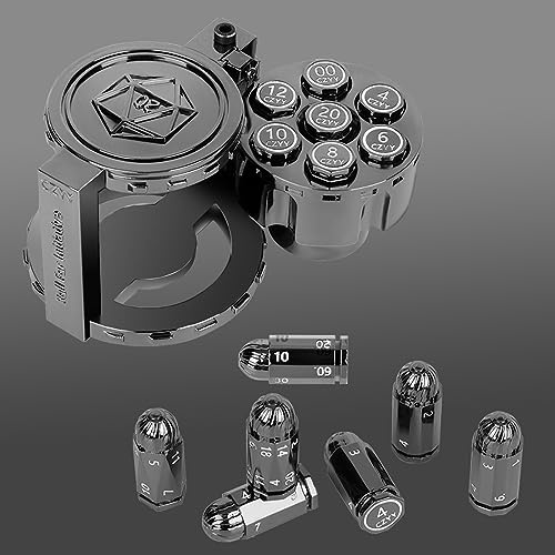 Polyedrische Würfel-Set aus Metall, mit drehbarem Revolver-Zylinderbehälter, Cyberpunk-Würfel für D&D, Sci-Fi, Krieg oder Kriminalität, Tischspiele, Schwarz, 7 Stück