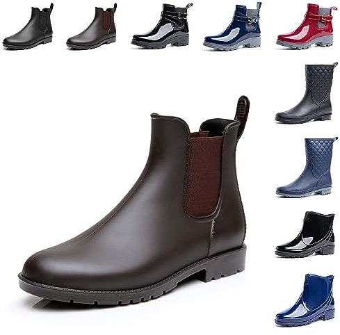 Hitmars Stivali Pioggia Donna Stivaletti Gomma Giardini Chelsea Bassi Lavoro Antiscivolo Ankle Boots Marrone 40 EU